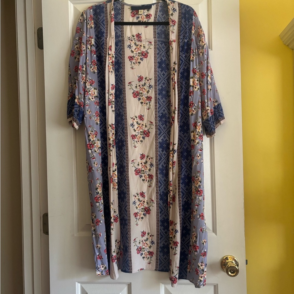 Blue Rain Floral Kimono Cardigan - Blue and Cream